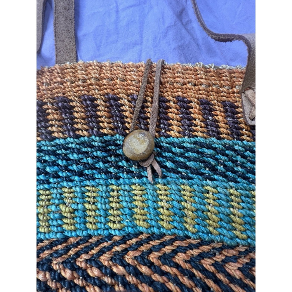 Woven Straw Tote Bag Multi Color Striped Boho Shoulder Bag Leather Straps Large - Picture 3 of 8
